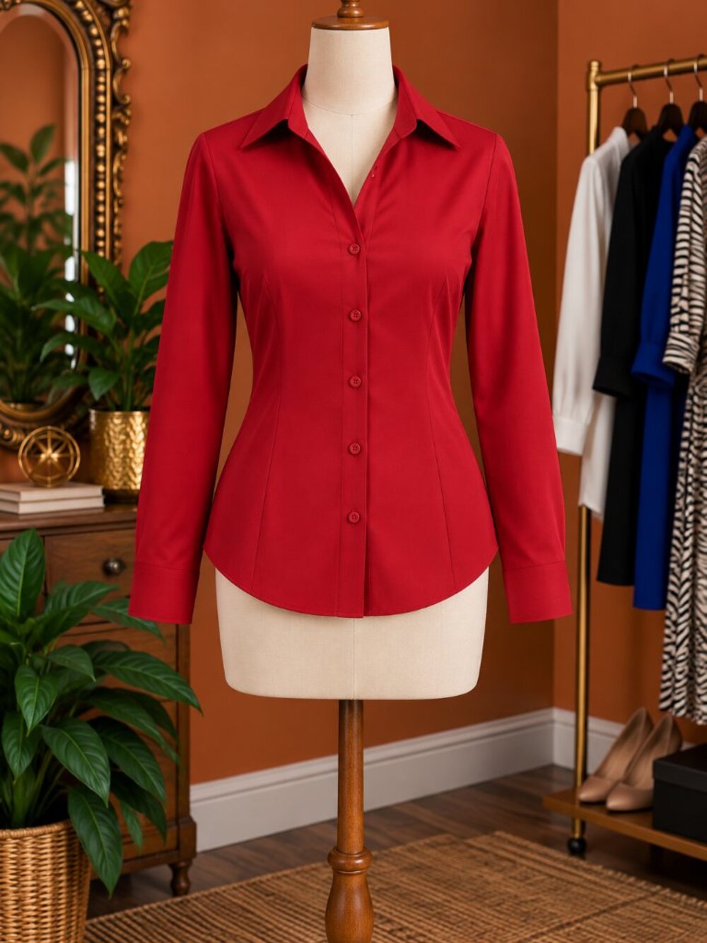 New York & Company Red Tailored Button-Down Blouse